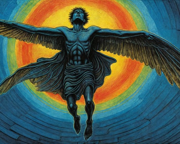 Muscular Figure with Wings Against Vibrant Sunlight