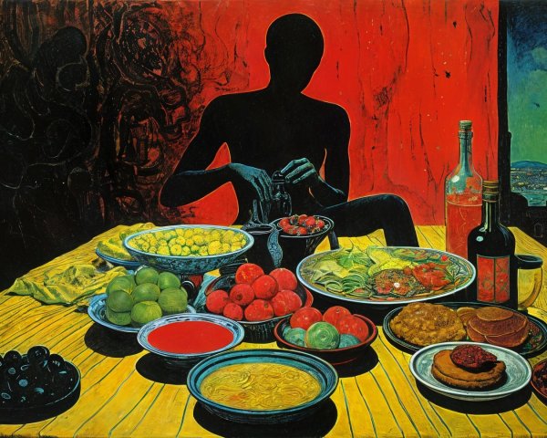 Vibrant Still Life with Colorful Dishes and Food