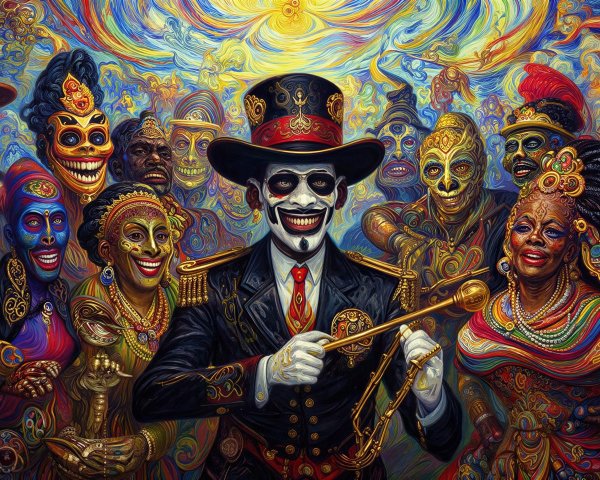 Vibrant Mardi Gras Parade Oil Painting Description