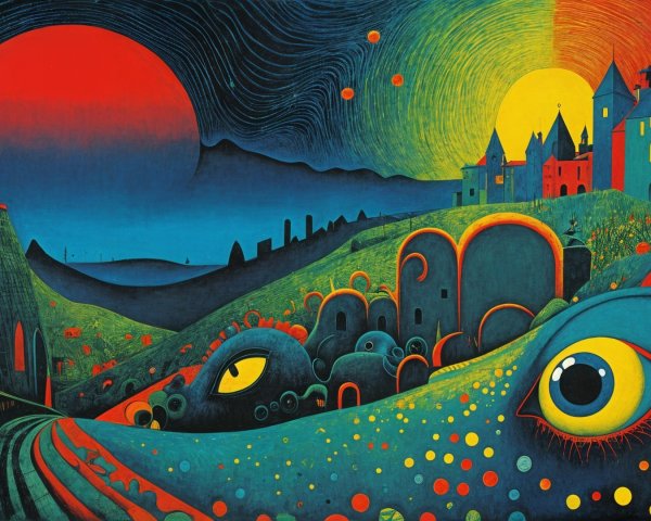 Surreal Landscape with Red Sun and Yellow Moon