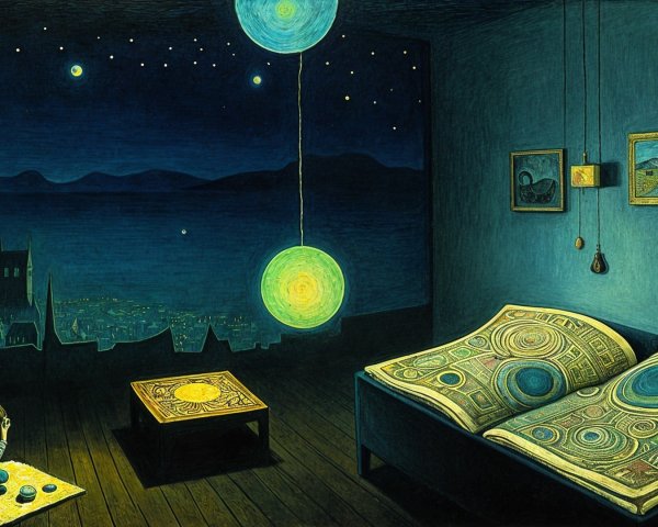 Thoughtful Figure in Dim Room with Celestial Orbs