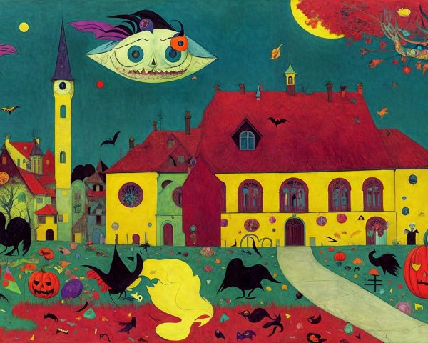 Colorful Halloween Scene with House, Pumpkins, and Moon