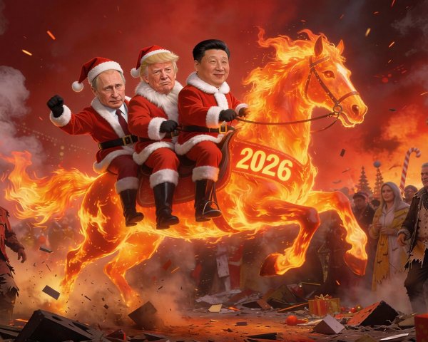 Nightmarish Christmas Scene with Political Figures as Santas