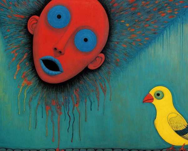 Surreal Artwork with Red Face and Yellow Bird