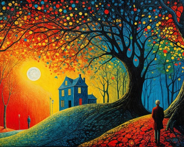 Surreal Autumn Landscape with Cozy House and Figures