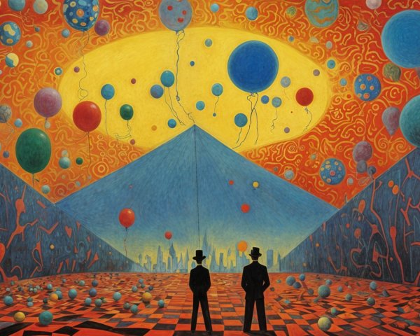 Silhouetted Figures on Checkered Floor with Balloons