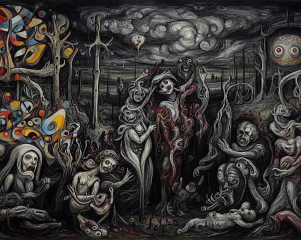 Surrealist painting with grotesque forms and vibrant colors