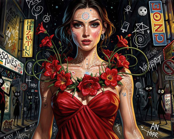 Ultra-detailed painting of a woman in vibrant red dress
