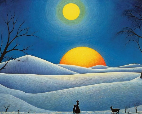 Minimalist Painting of Snowy Landscape at Night