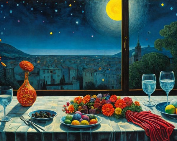 Serene Night Scene with Fruits and Moonlit Landscape