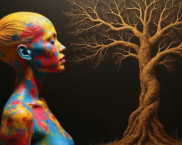 Photo-realistic side profile of a woman with paint splatters