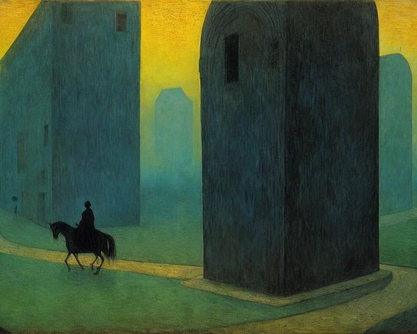 Surreal Urban Landscape with Abstract Buildings and Figure