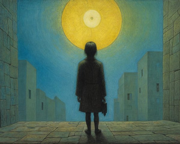 Figure in Geometric Urban Landscape with Glowing Sun