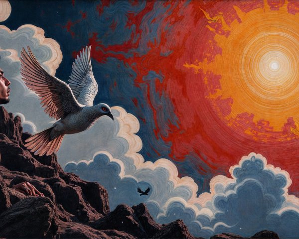 Man on Rocks Gazing at Vibrant Sun and Bird