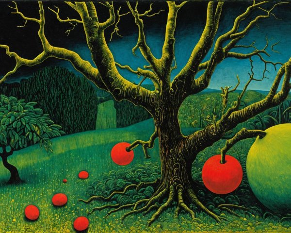 Surreal Landscape with Gnarled Tree and Colorful Spheres