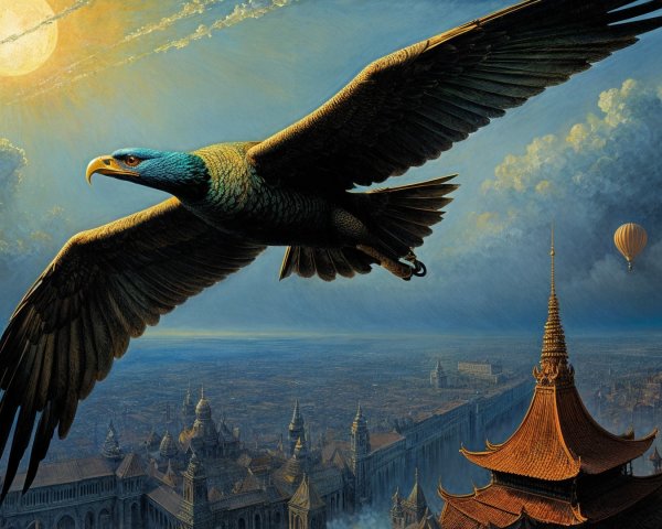 Eagle Soaring Over Ancient City with Dramatic Sky