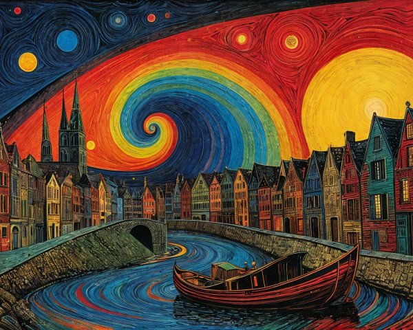 Vibrant Night Sky with Reflective Canal and Boat