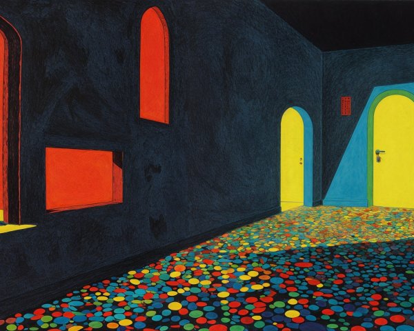 Dimly Lit Corridor with Colorful Circular Flooring