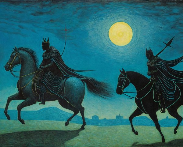 Shadowy Figures on Horseback in Moonlit Landscape
