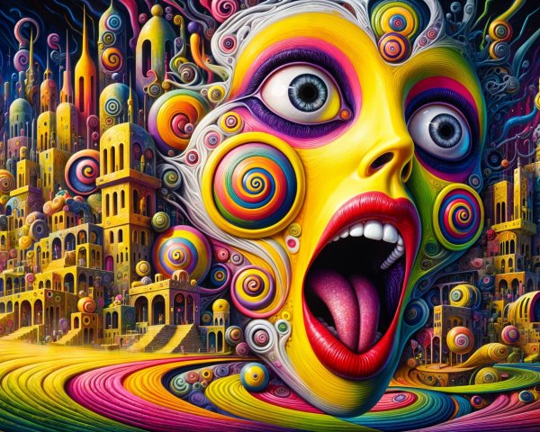 Surreal Colorful Landscape with Whimsical Cityscape