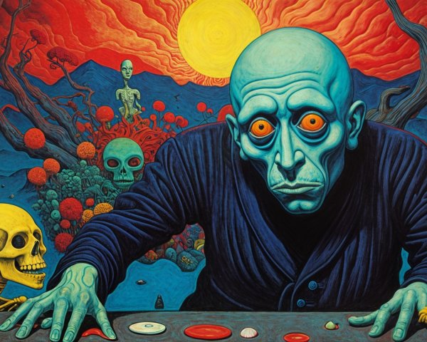 Surreal Scene with Blue-Skinned Figure and Skeletons