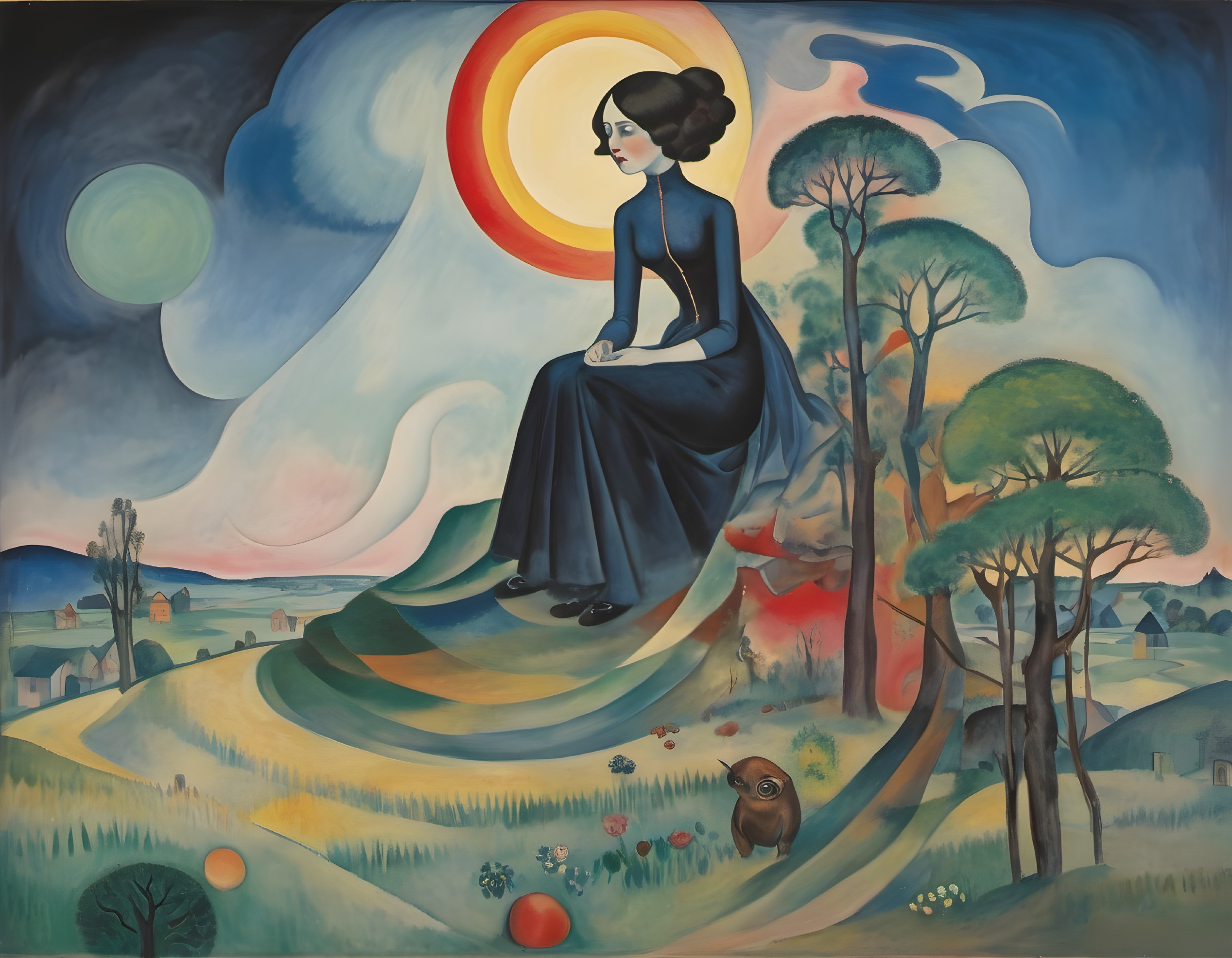 Serene Landscape with Woman in Blue Dress on Hill