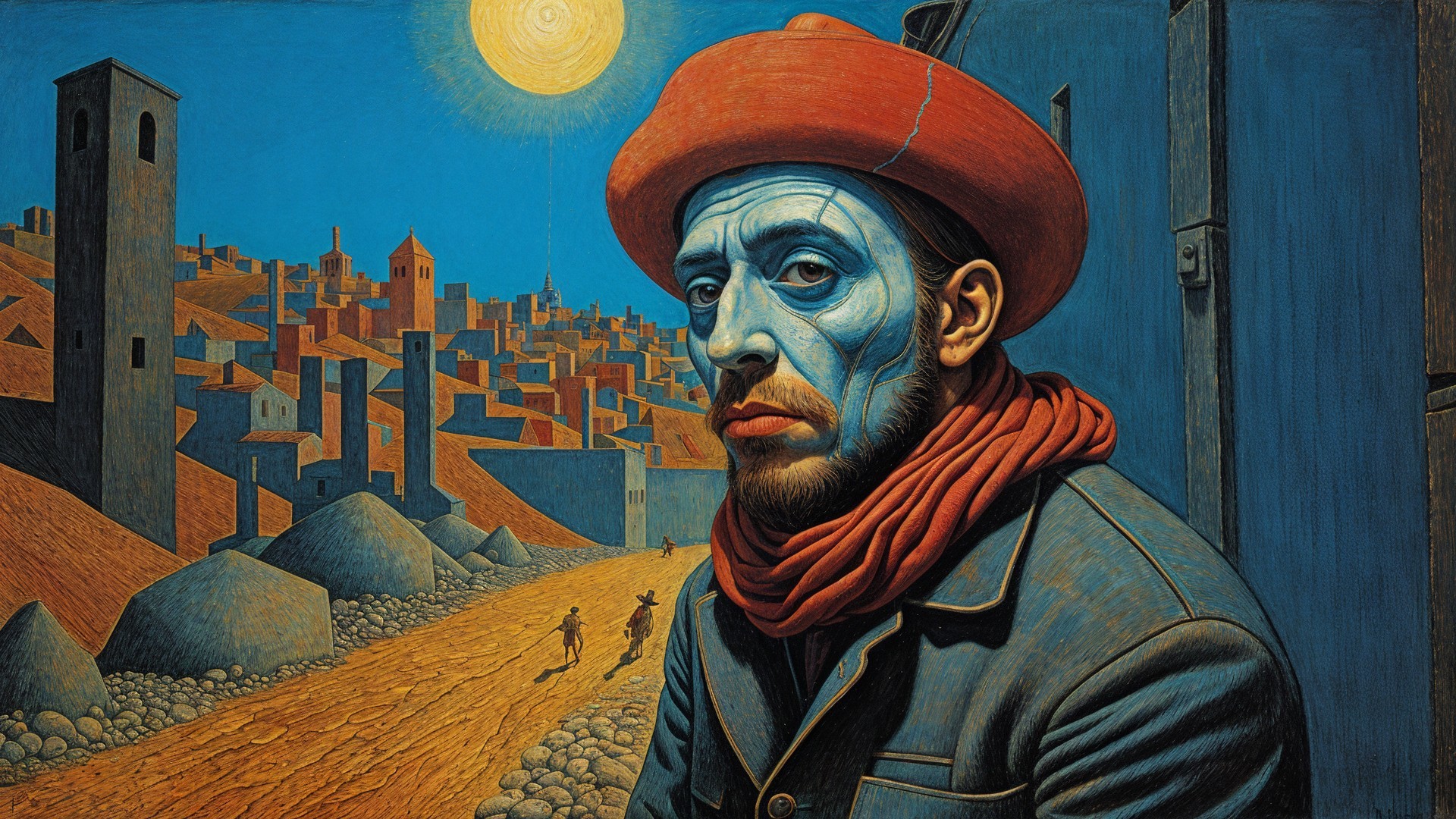 Man with Blue Face in Colorful Cityscape Artwork