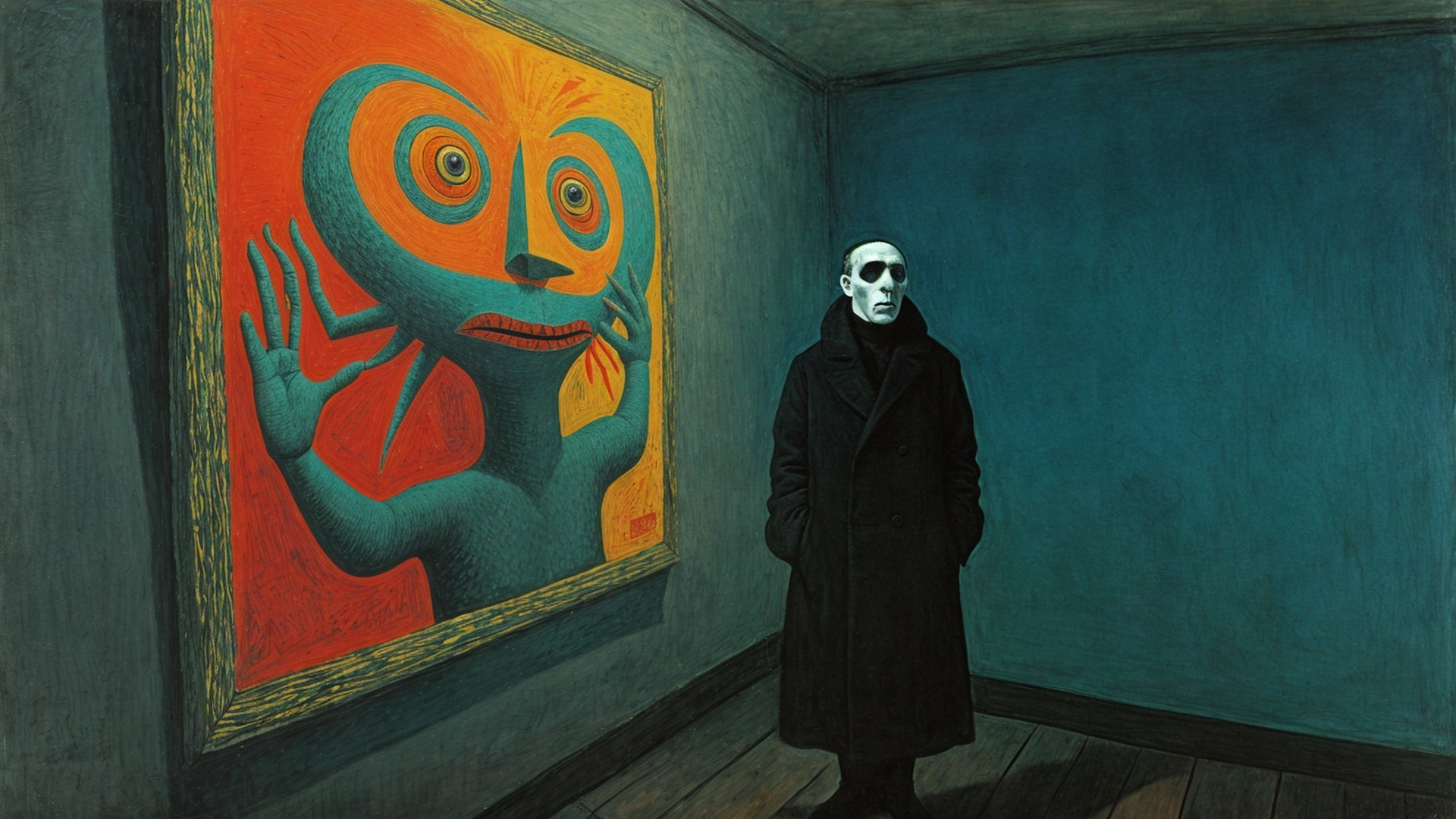 Surreal Painting Observed in Dimly Lit Gallery
