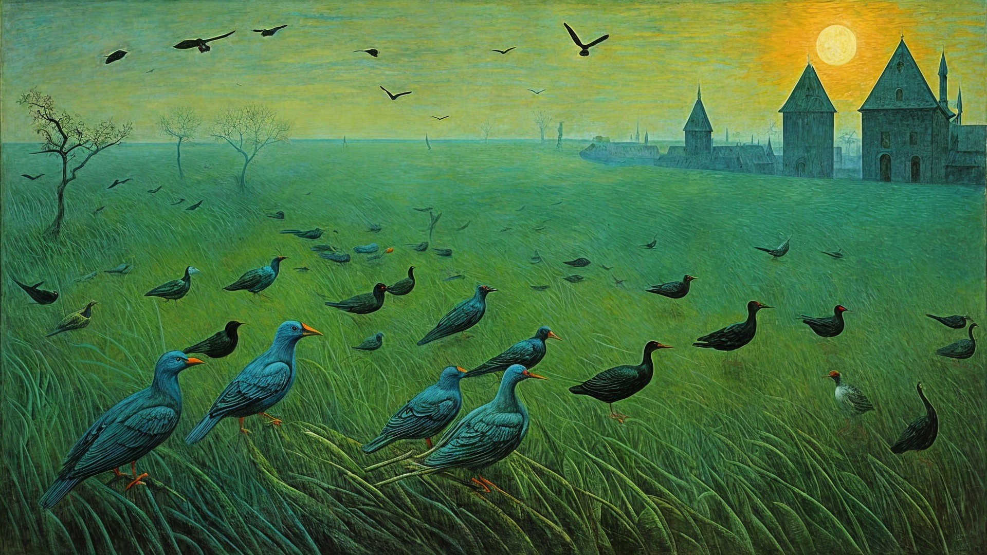 Serene Dawn Landscape with Birds and Castle