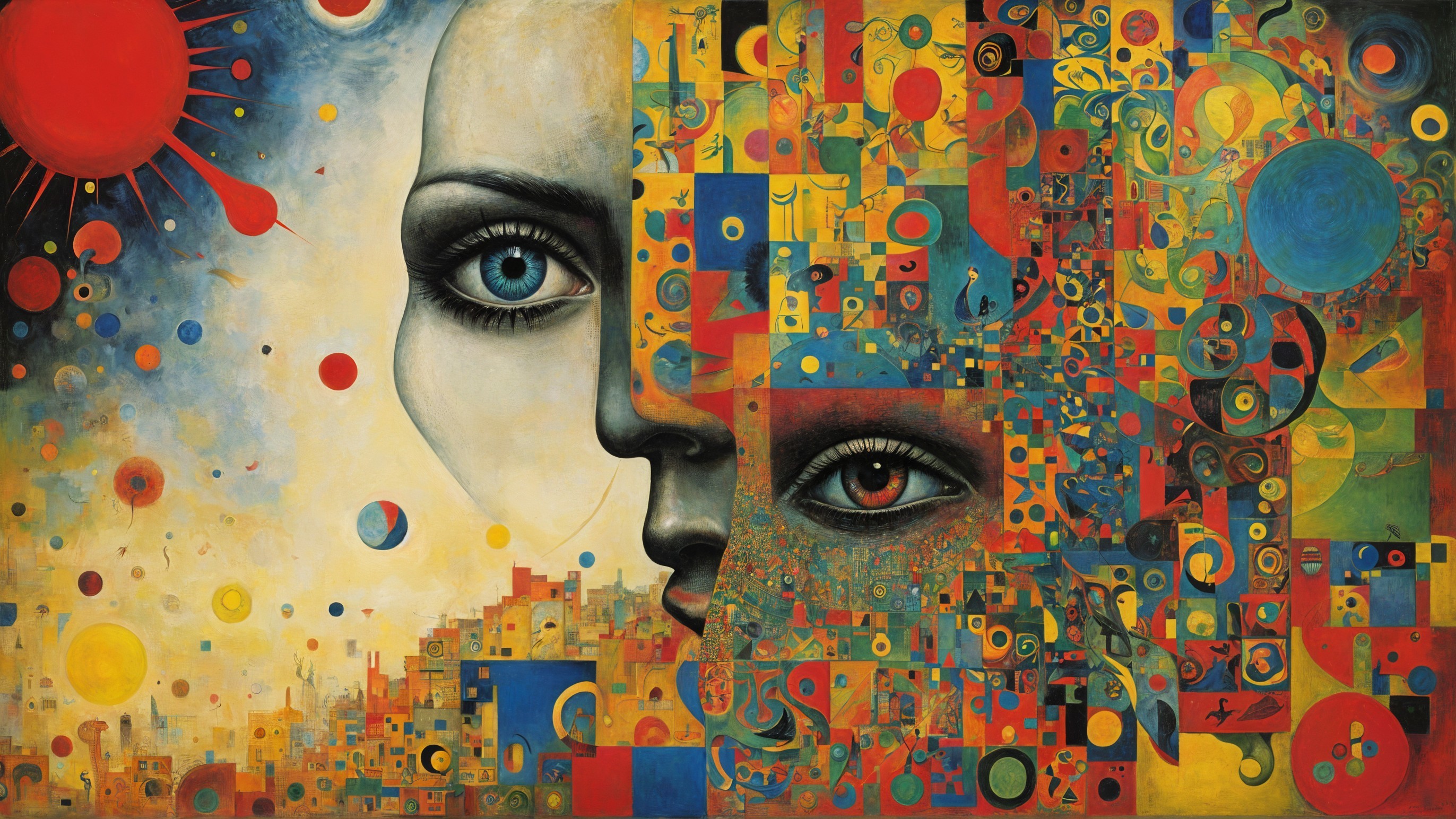 Stylized Faces in Vibrant Abstract Composition