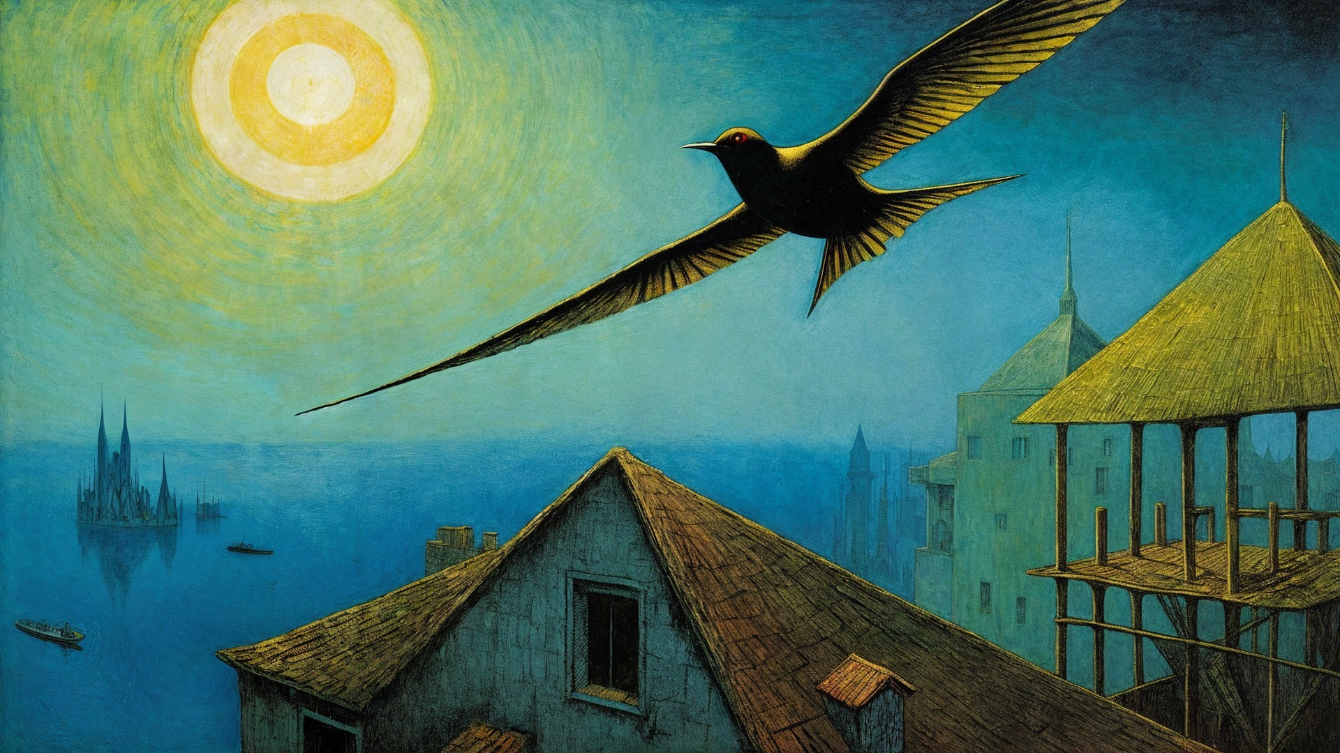 Surreal Landscape with Yellow Sun and Black Bird