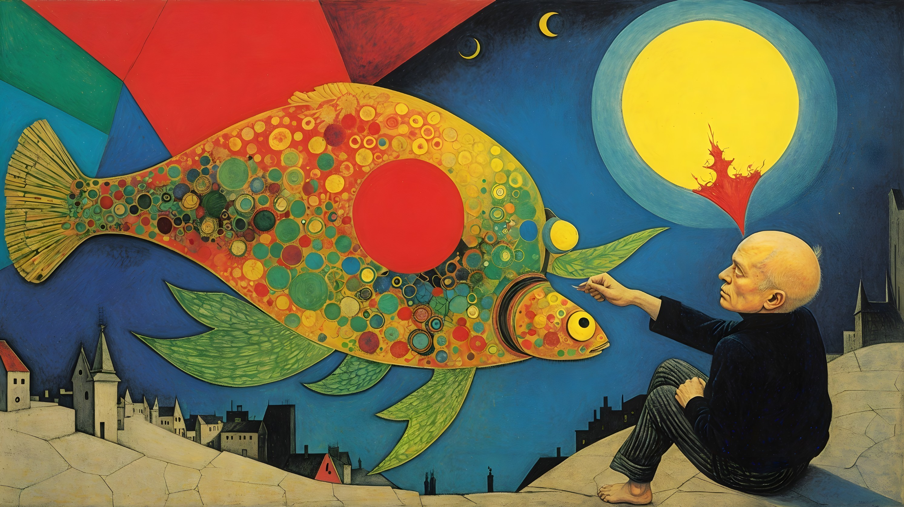 Whimsical Artwork of Fish and Bald Figure Interaction