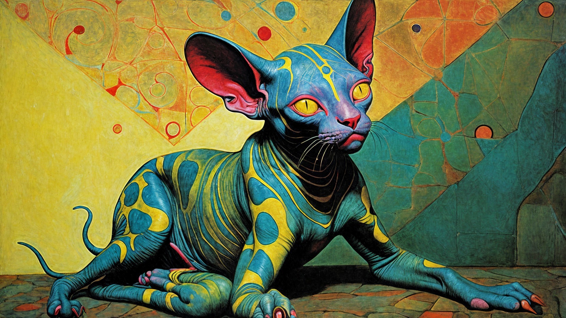 Surreal Art of a Sphynx Cat with Vibrant Patterns