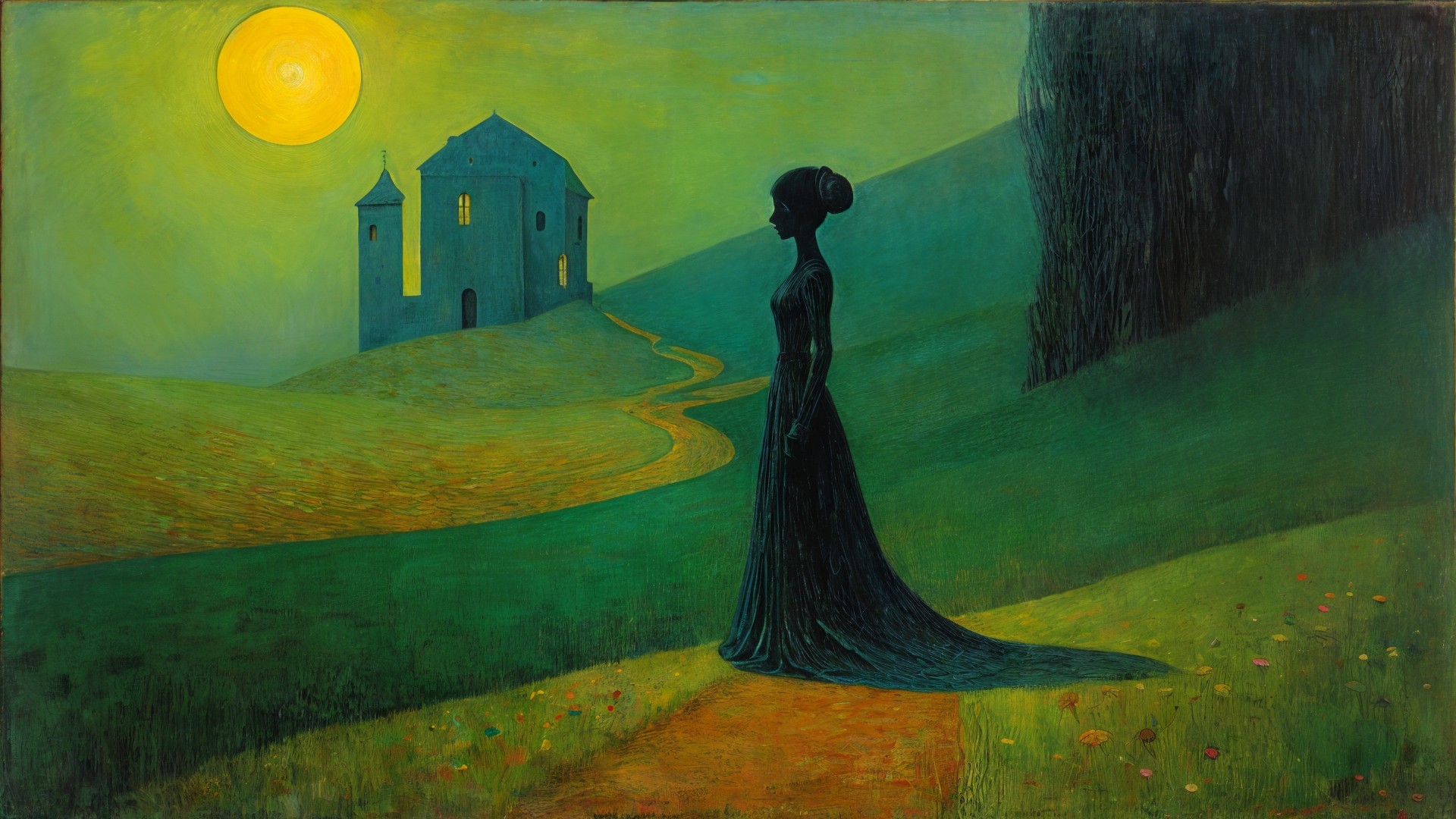 Silhouetted Figure by Moonlit Hilltop House Scene