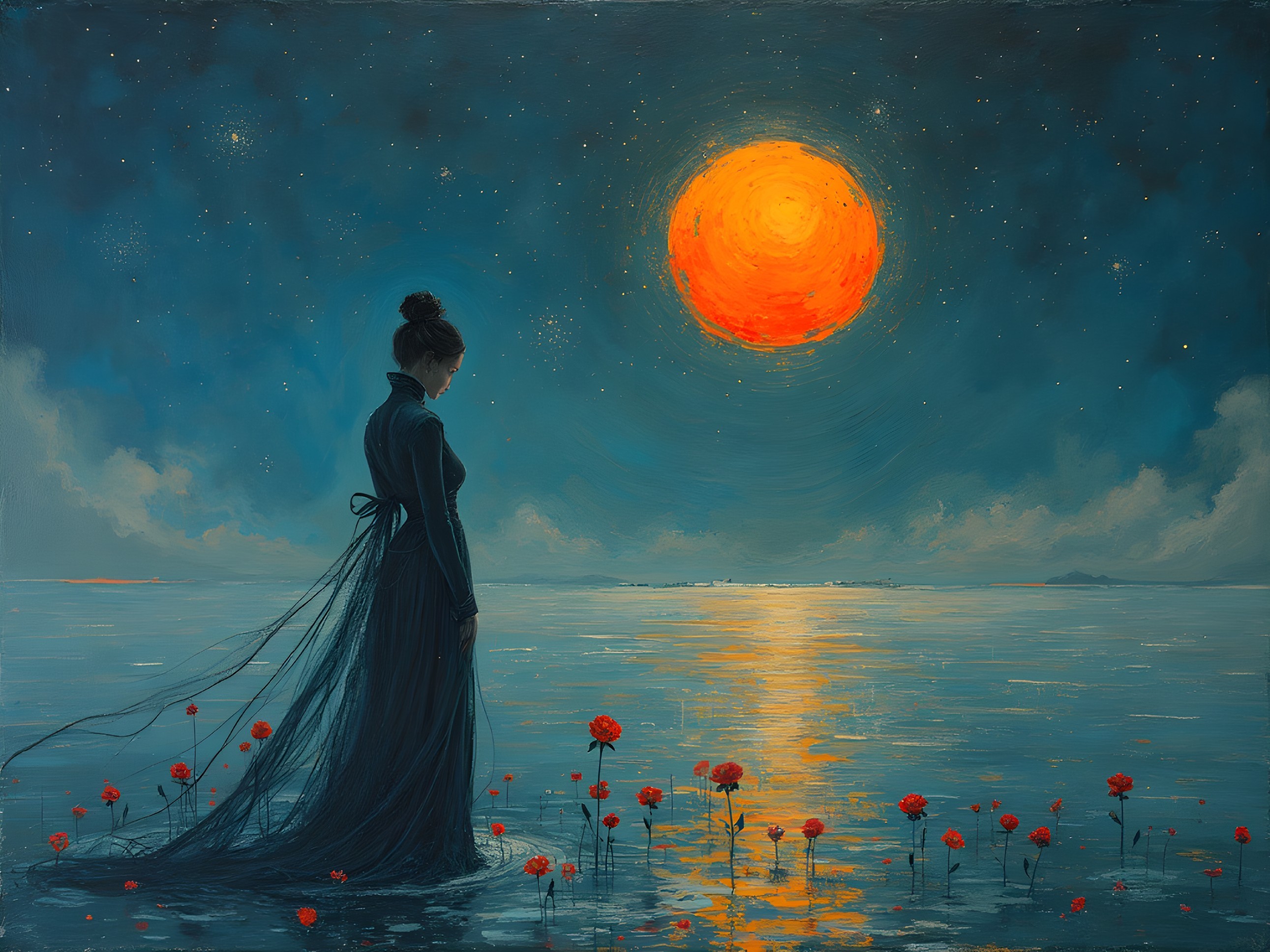 Solitary Figure by Water Under Vibrant Sunset Glow