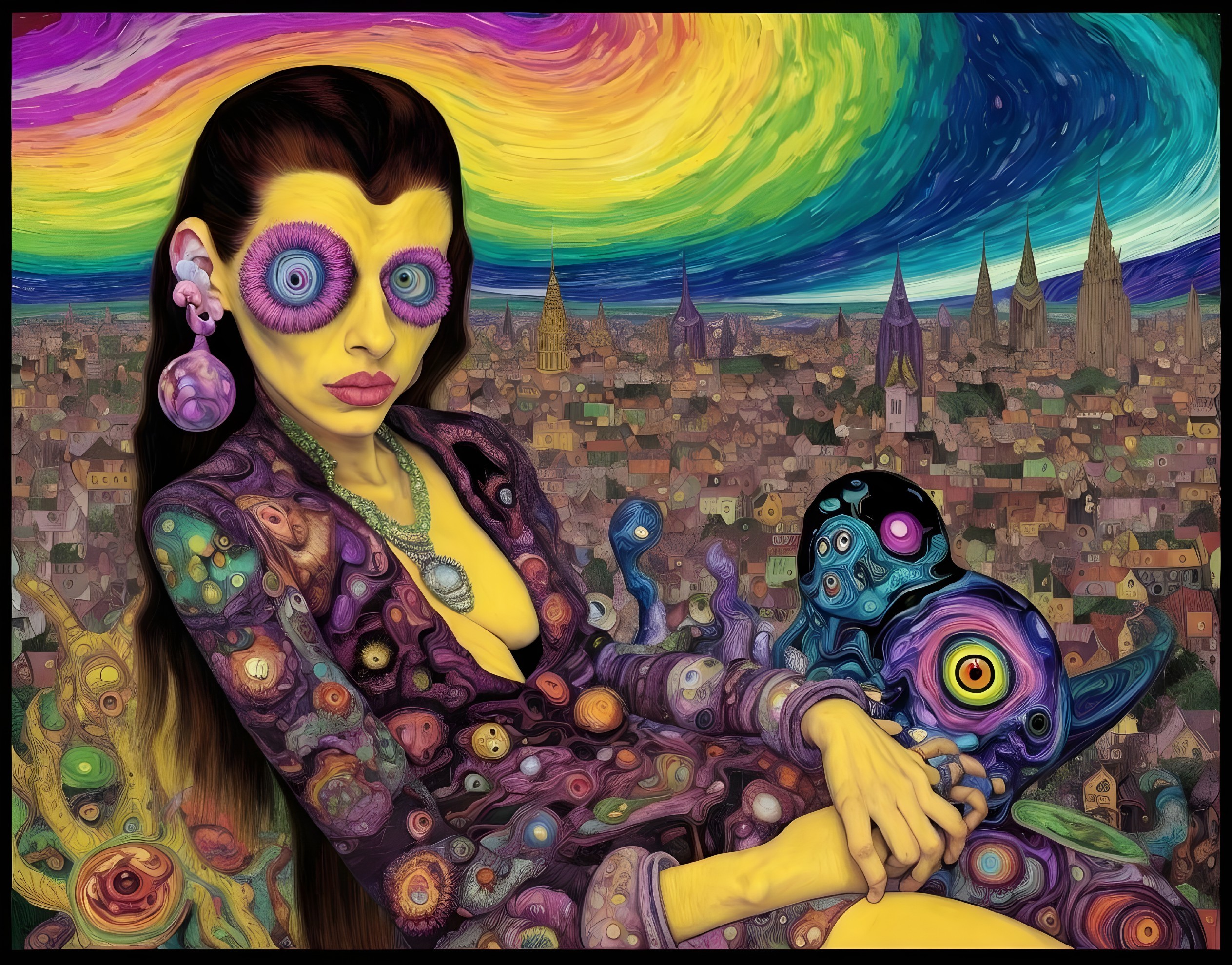 Surreal Woman with Oversized Eyes in Whimsical Setting