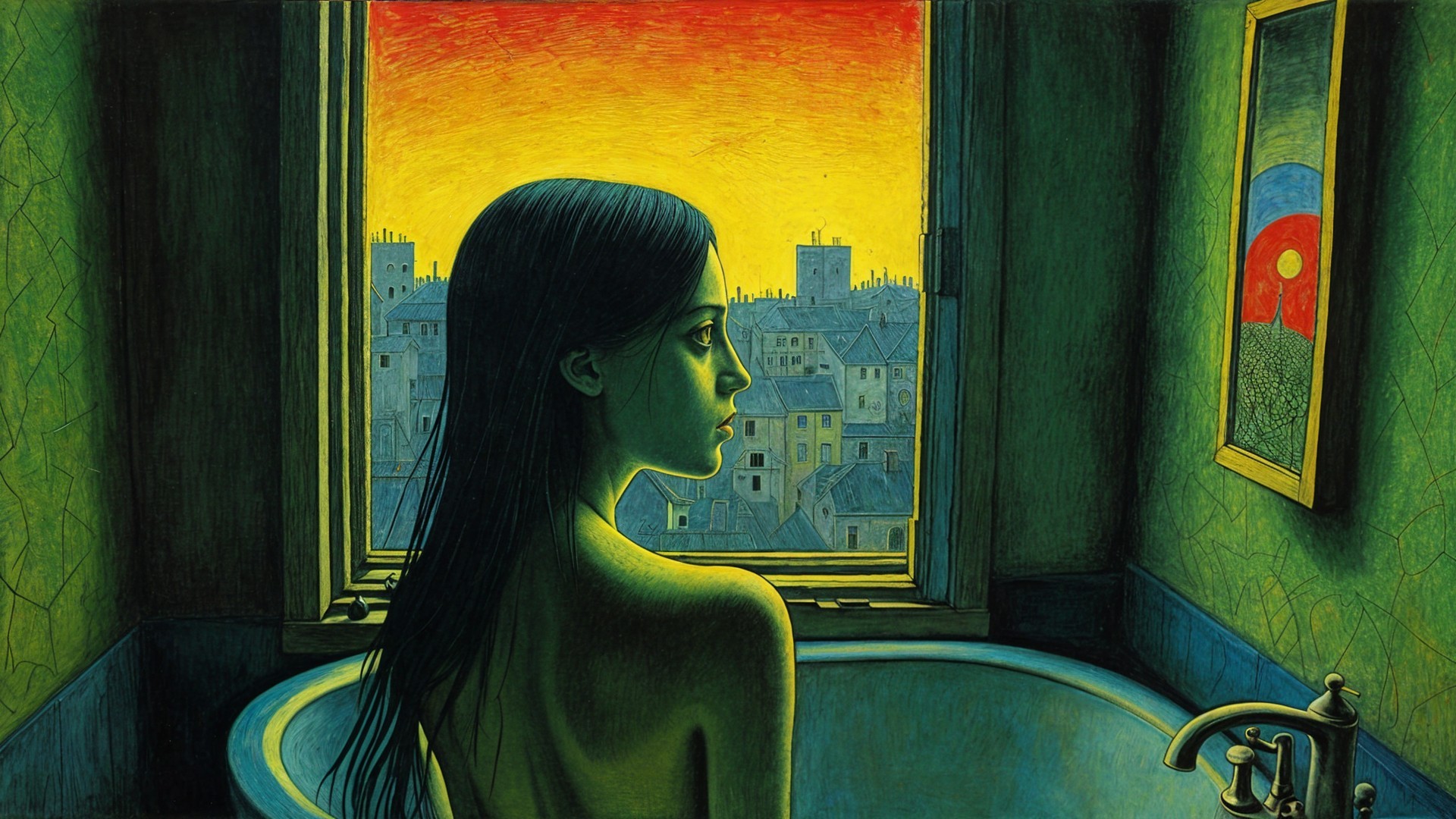 Solitary Figure Gazing Out at Twilight Cityscape
