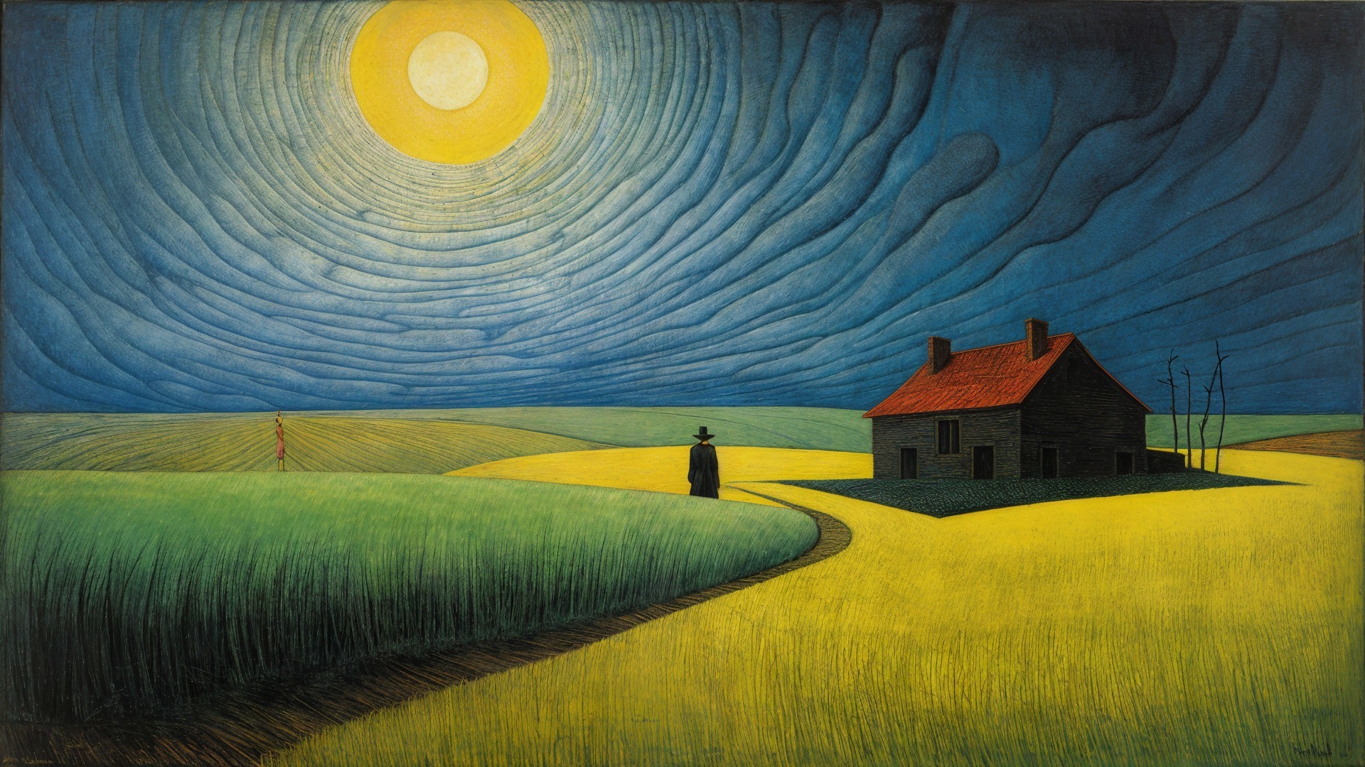Solitary Figure on Winding Path to Dark House