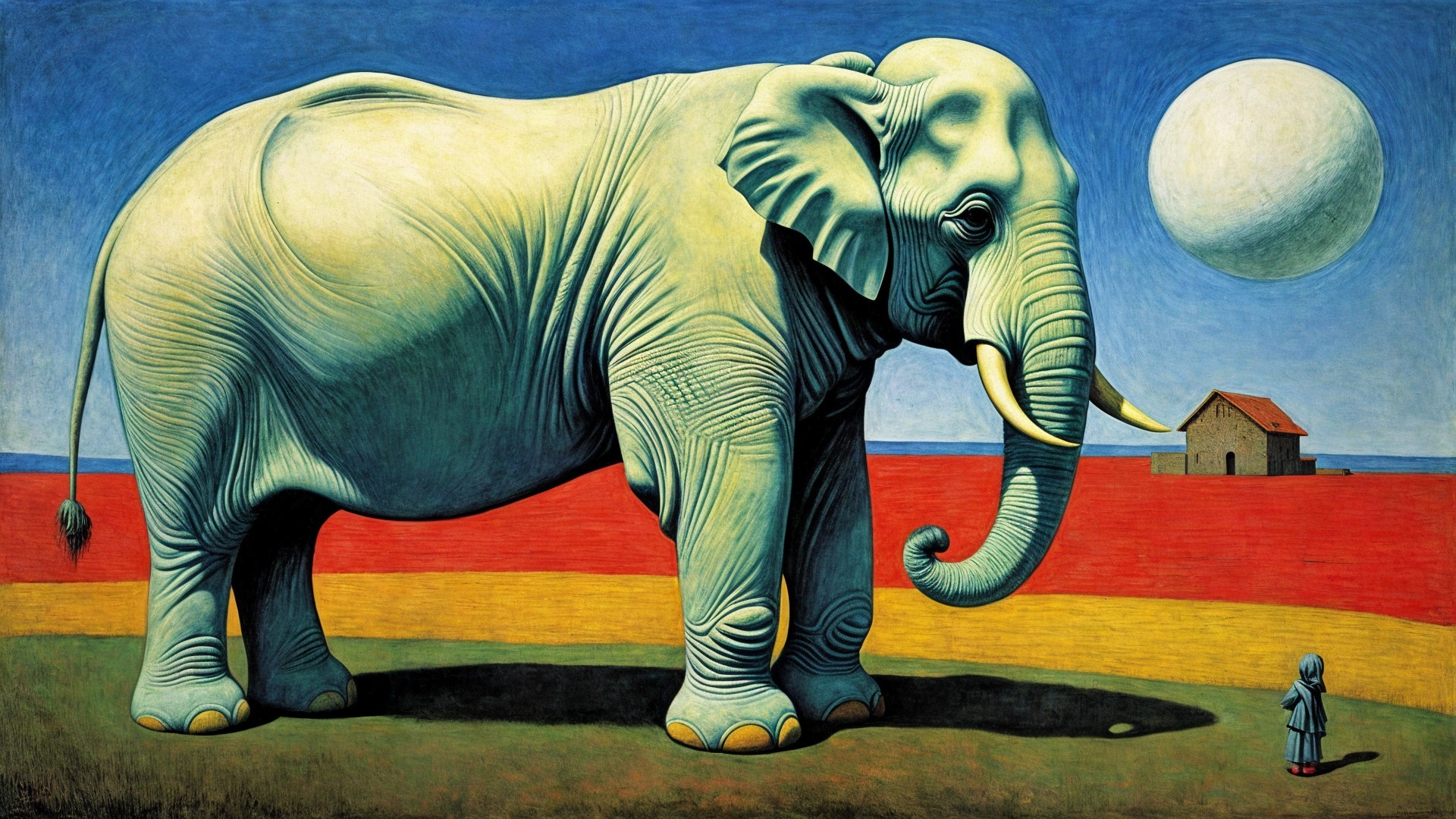 Surreal Landscape with Blue Elephant and Vibrant Colors