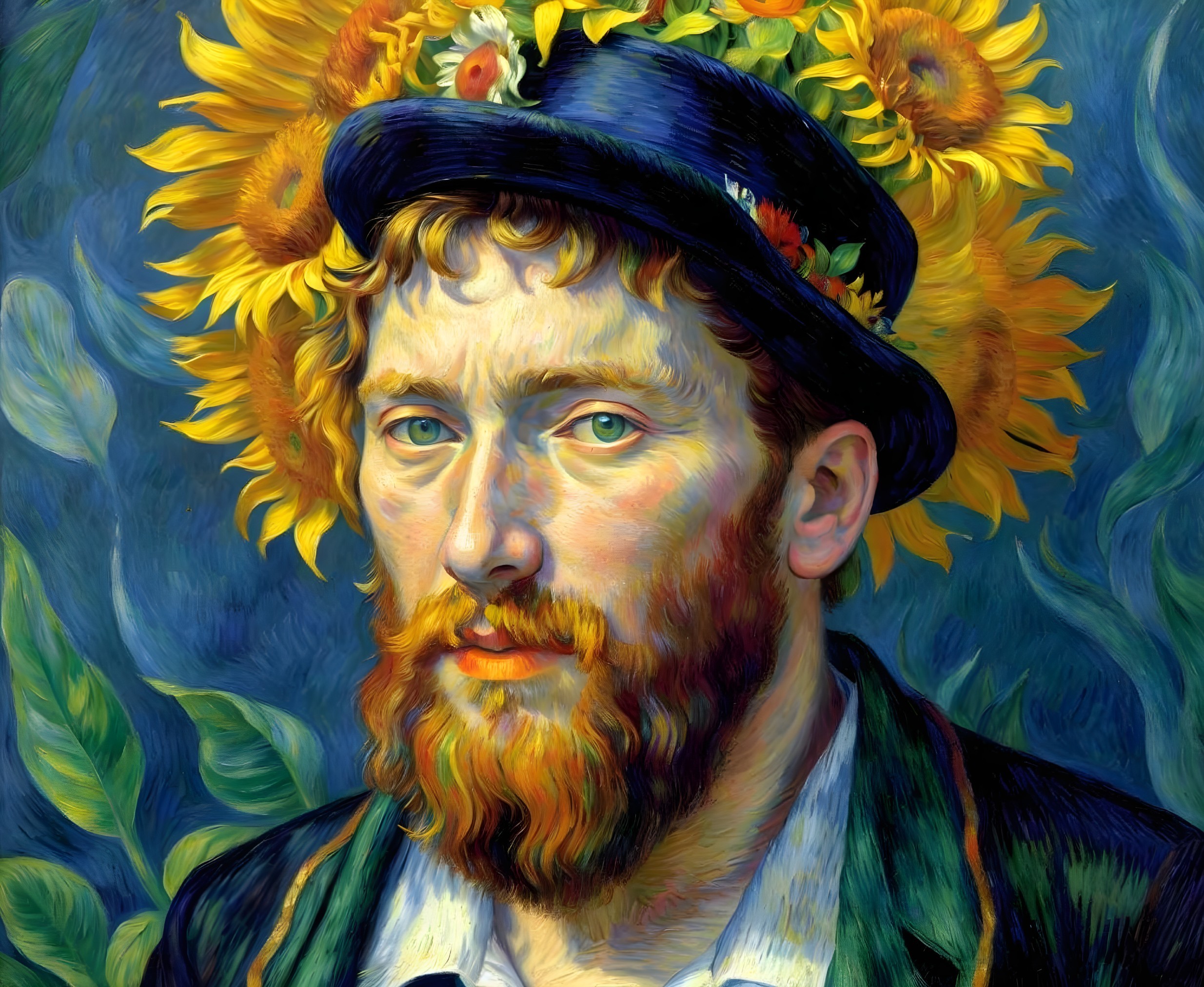 Vibrant Portrait of a Man with Red Beard and Sunflowers