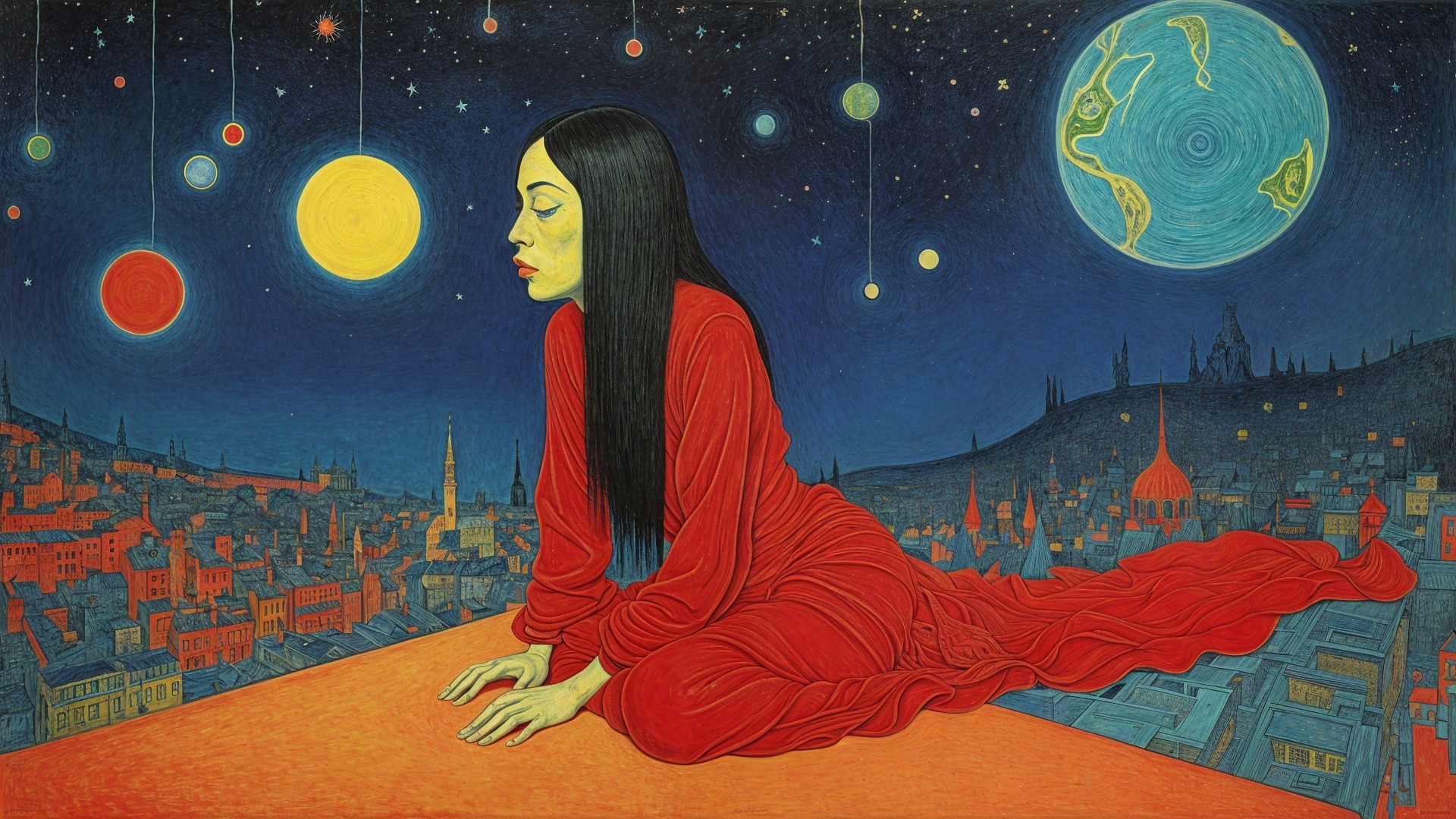 Serene Figure in Red Gown Overlooking Vibrant Cityscape