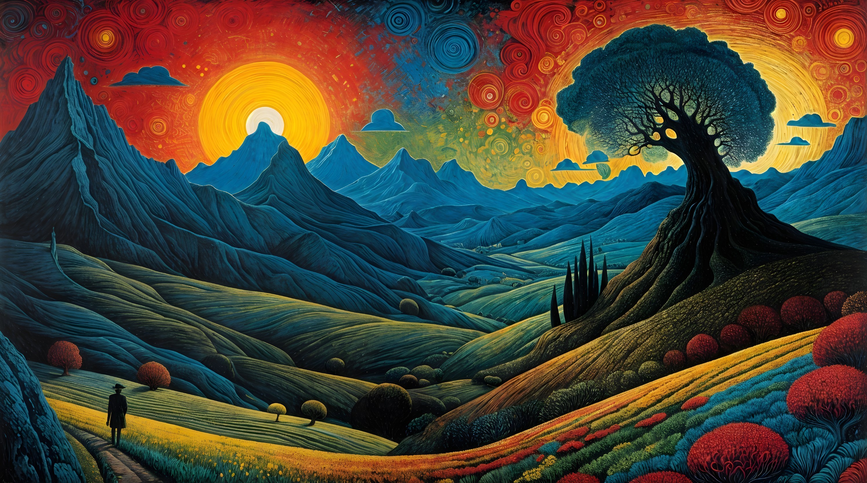 Vibrant Landscape with Sunset and Majestic Mountains