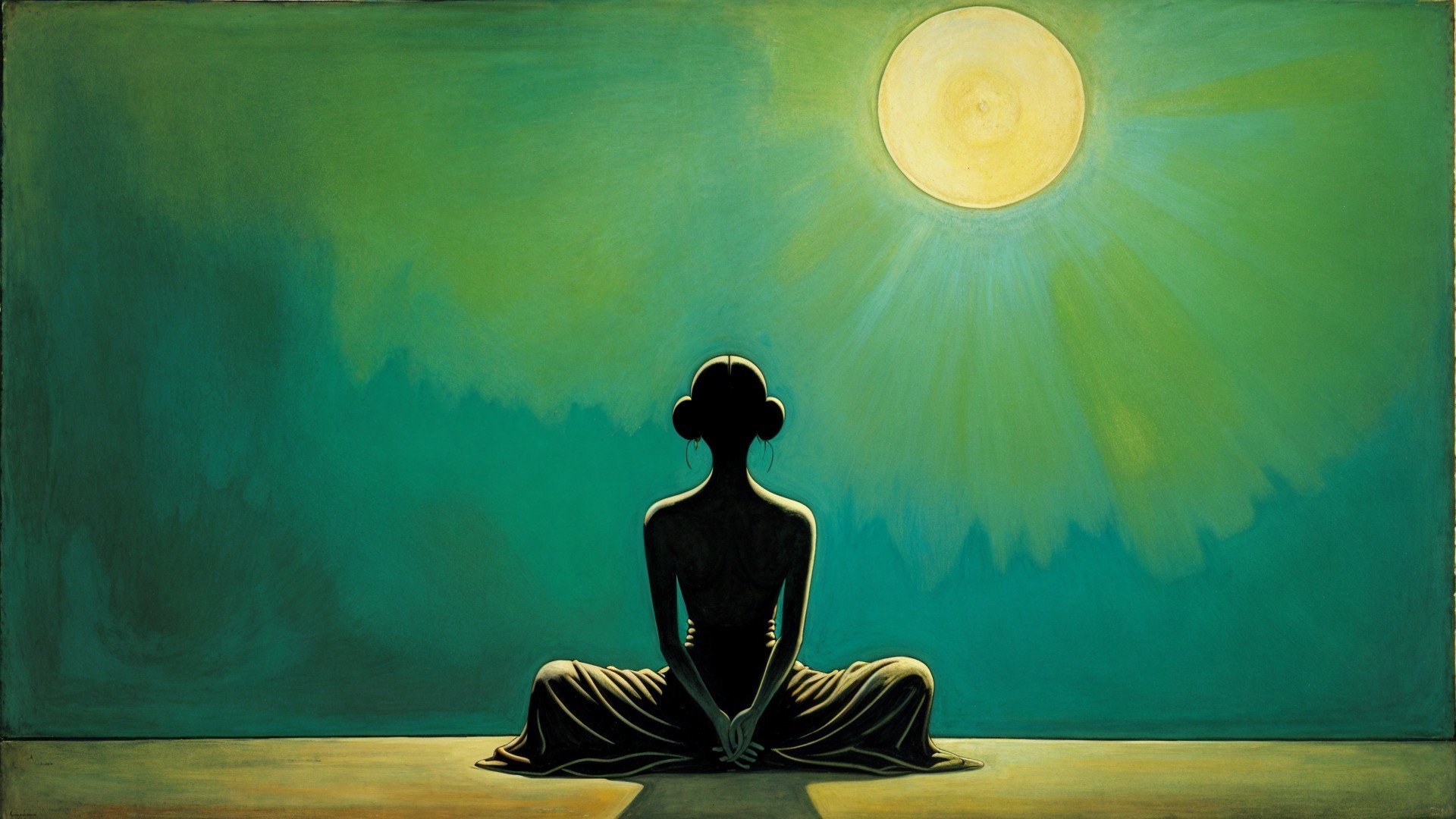 Silhouette of Meditative Figure with Radiant Sun