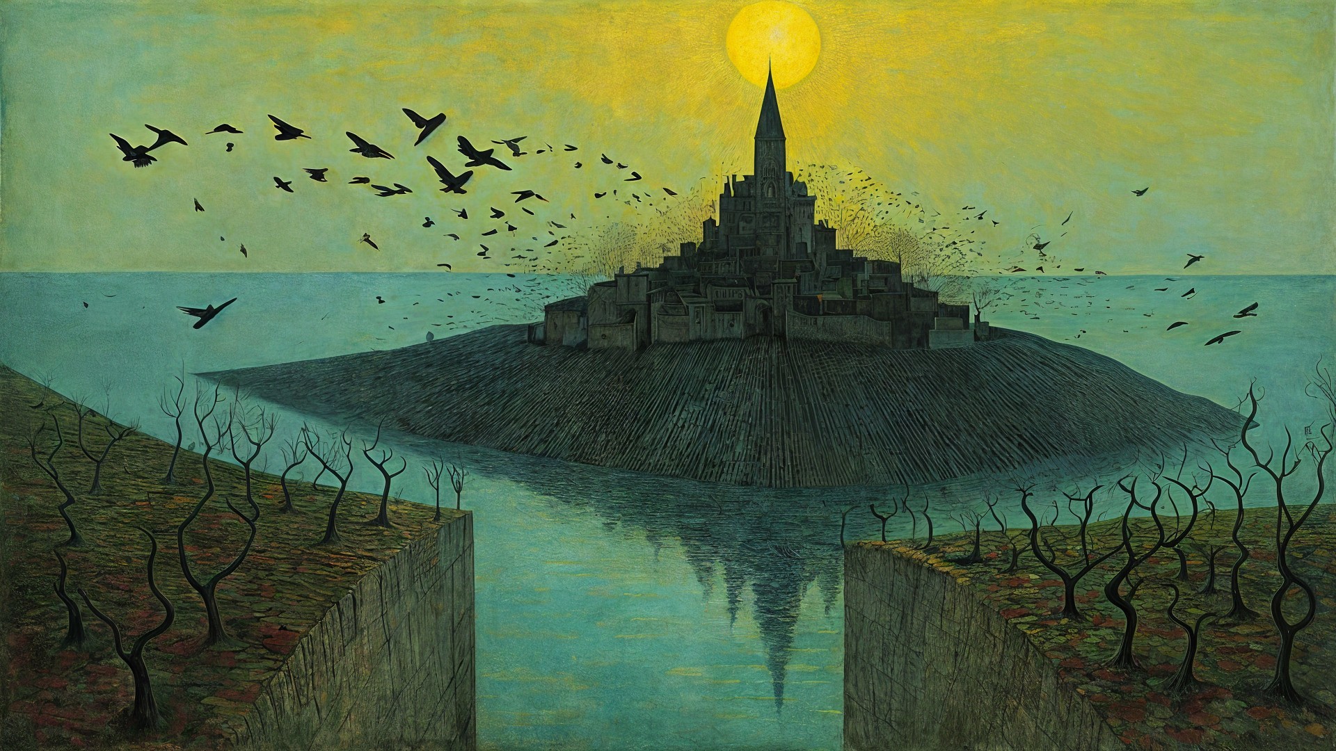 Surreal Landscape with Mystical Island and Spire