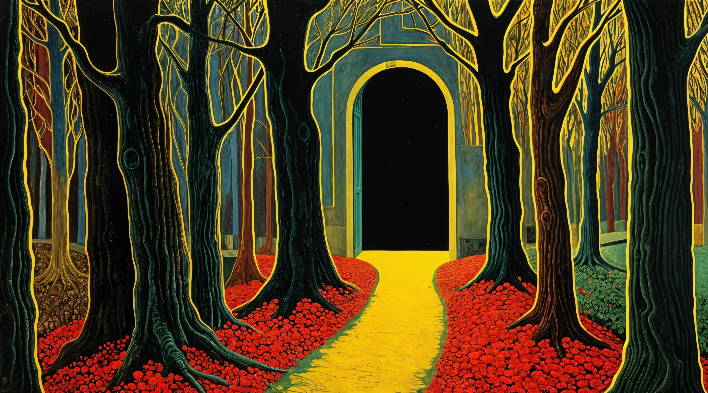 Surreal Landscape with Twisted Trees and Vibrant Colors