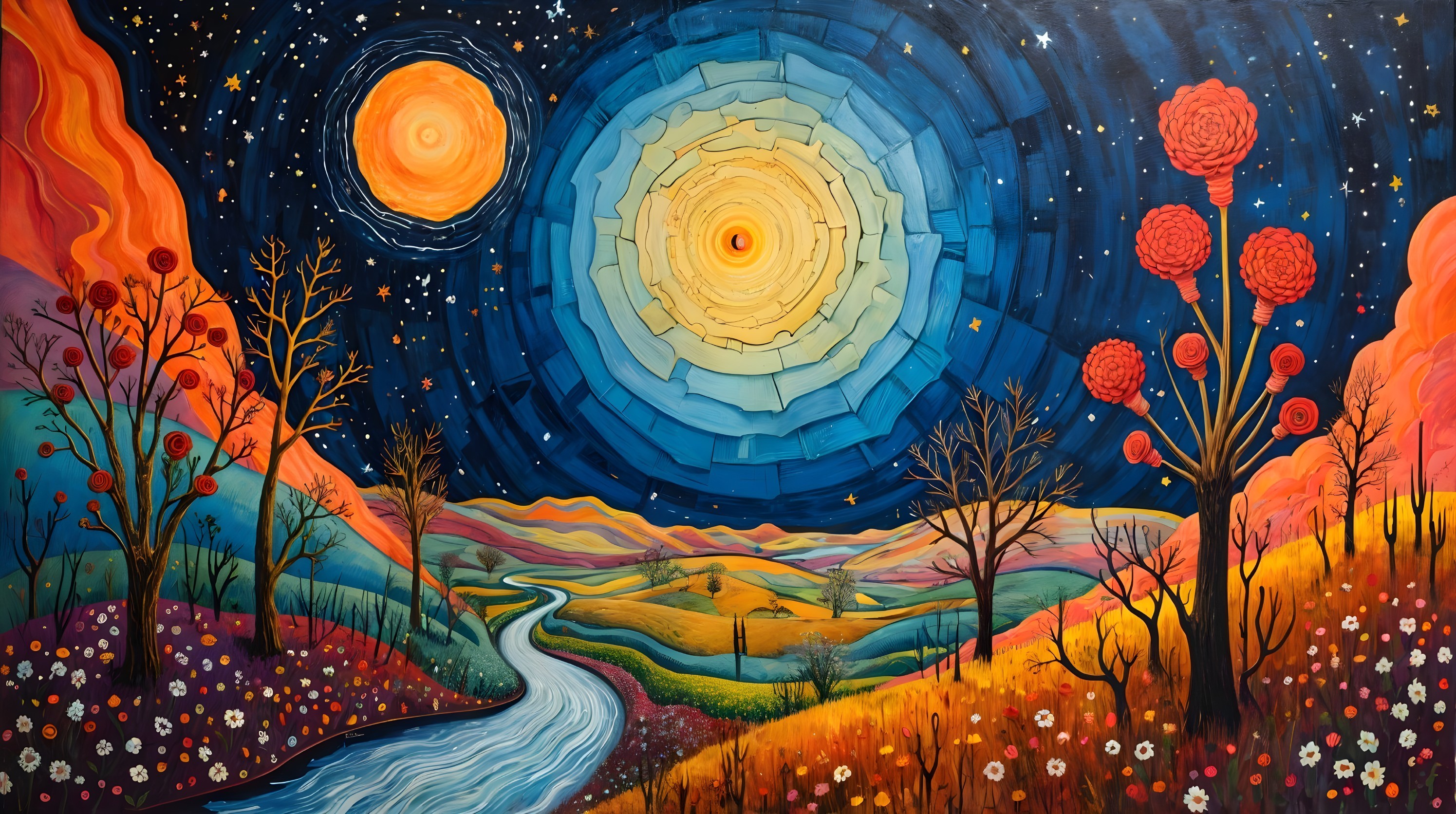 Vibrant Landscape with River and Dreamlike Night Sky