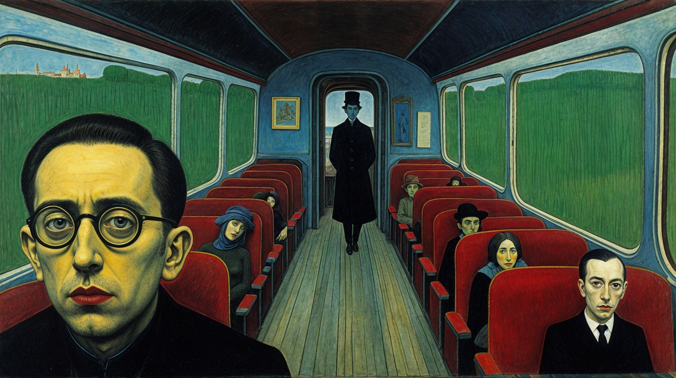 Train Car Interior with Central Figure and Expressions