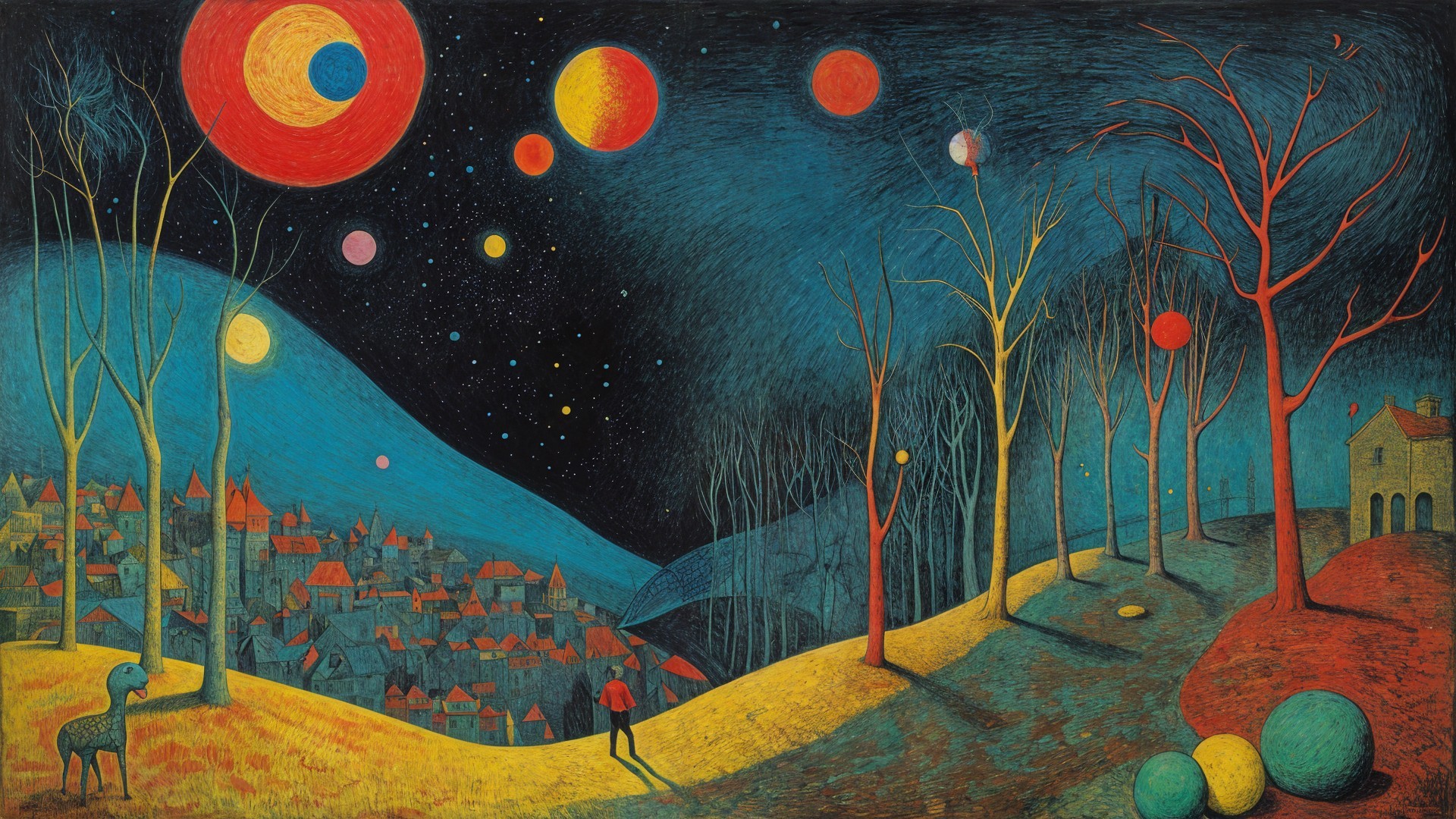Whimsical Landscape with Vibrant Hillside and Night Sky