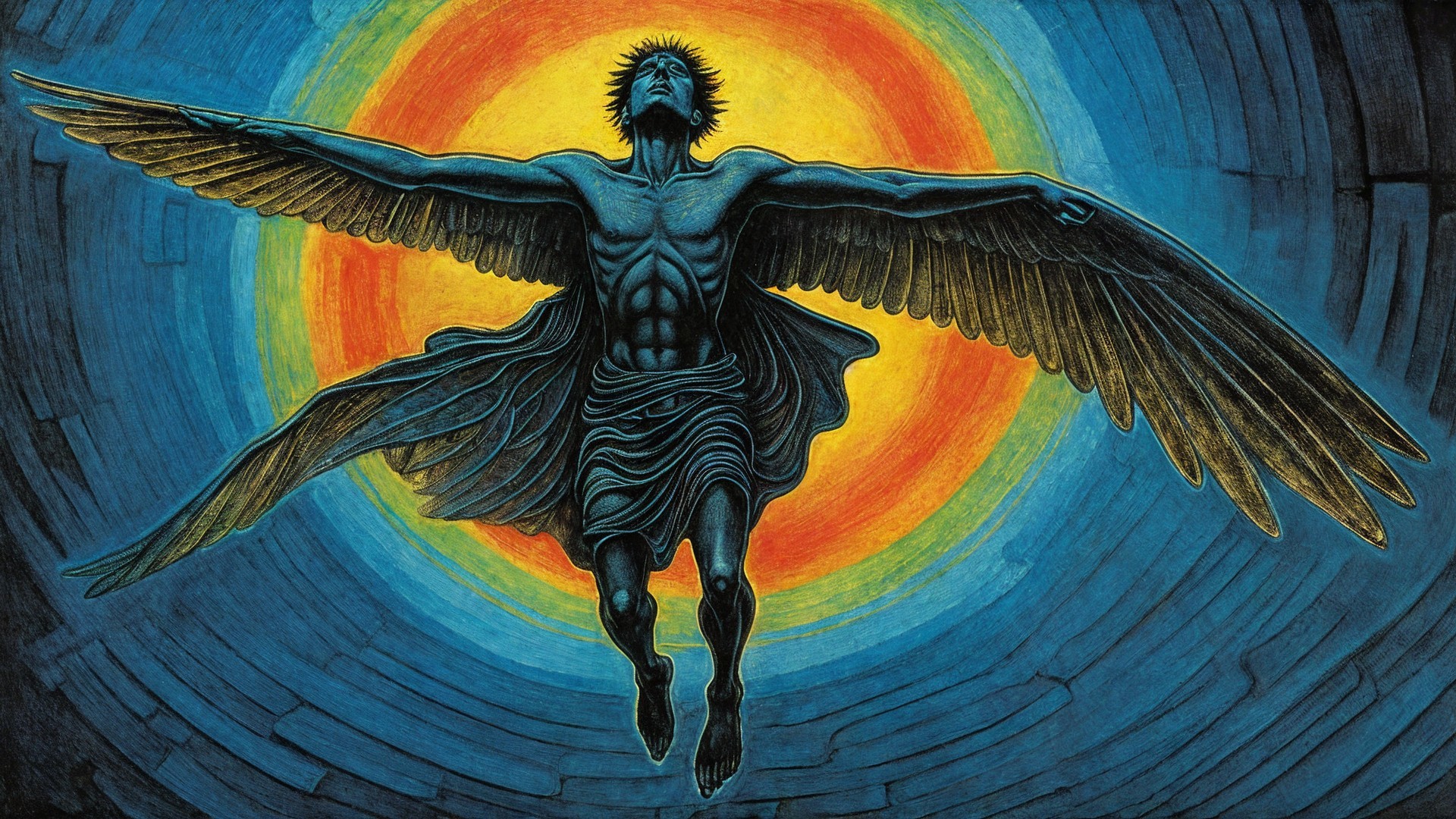 Muscular Figure with Wings Against Vibrant Sunlight