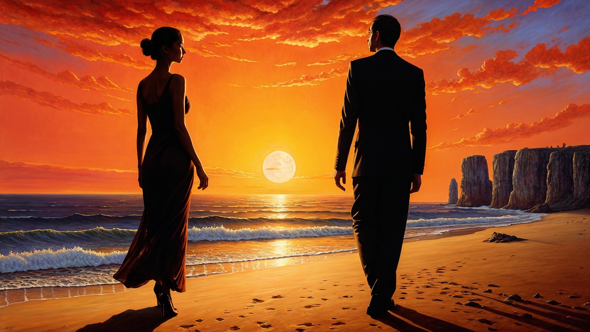 Couple Strolling on Beach at Sunset with Cliffs